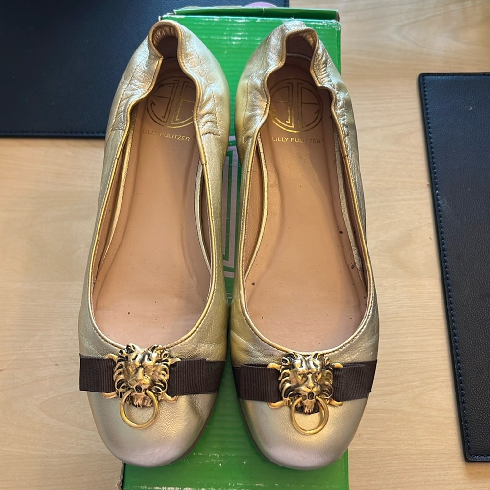Lilly Pulitzer Gold Metallic Leather Spring Slip On Ballet Flat Shoes- Size 6